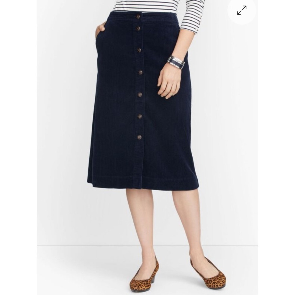 NWOT Talbots Navy Blue Corduroy Button Front A-Line Skirt Pockets Mid-Length 14